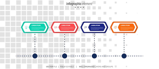 Infografía de línea de tiempo con infochart Plantilla de presentación moderna con 4 spets para procesos de negocio