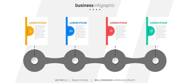 Infografía de línea de tiempo con infochart Plantilla de presentación moderna con 4 spets para procesos de negocio