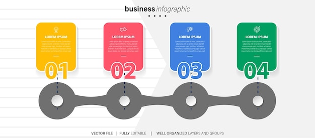 Infografía de línea de tiempo con infochart Plantilla de presentación moderna con 4 spets para procesos de negocio