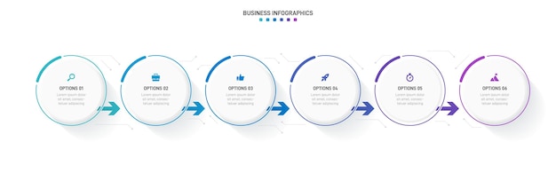 Infografía de línea de tiempo con infochart. plantilla de presentación moderna con 6 spets para procesos comerciales