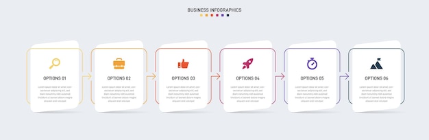 Infografía de línea de tiempo con infochart Plantilla de presentación moderna con 6 spets para procesos de negocio