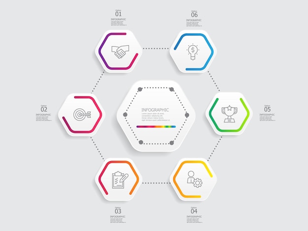 infografía de línea de tiempo de pasos redondos hexagonales