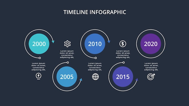 Infografía de línea de tiempo con plantilla de 5 elementos para web en una ilustración de vector de presentación de negocios de fondo negro