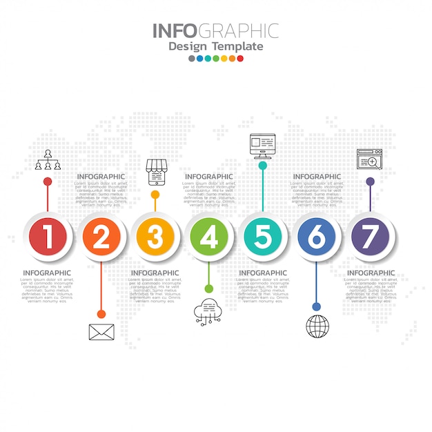 Infografía de línea de tiempo con siete pasos u opciones