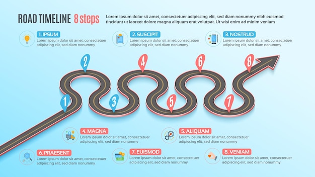 Infografía de mapa de navegación isométrica Concepto de línea de tiempo de 8 pasos Ilustración vectorial de carretera sinuosa