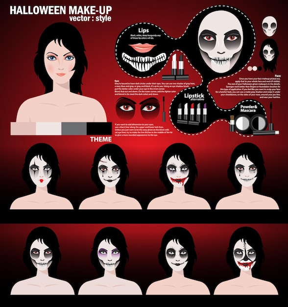 Infografía maquillaje de Halloween mujer en el día de los muertos máscara arte facial arte facial de Halloween con cosméticos