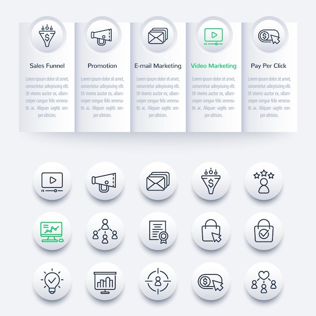 Infografía de marketing digital, diseño de banners y conjunto de iconos de línea