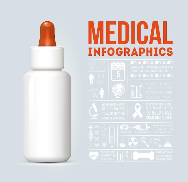 Infografía médica con botella blanca médica