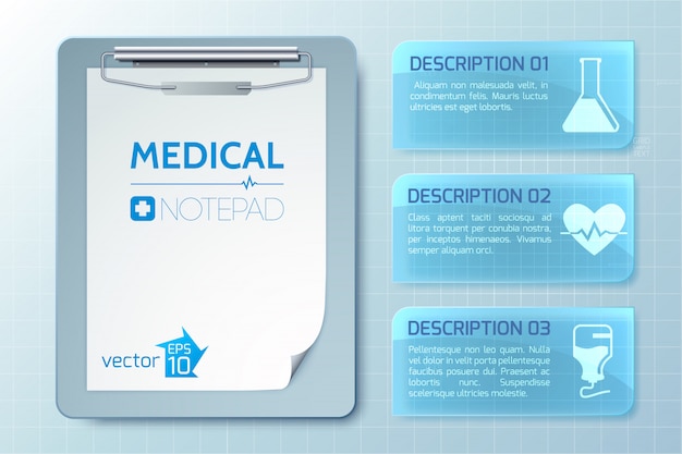 Infografía médica saludable con bloc de notas y pancartas con texto e iconos en la ilustración de luz