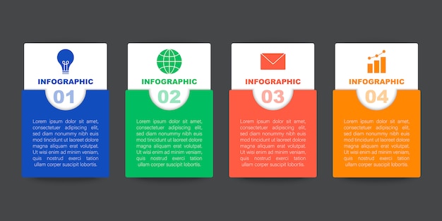 Infografía moderna colorida, ilustración con 4 cuadros de texto sobre fondo gris