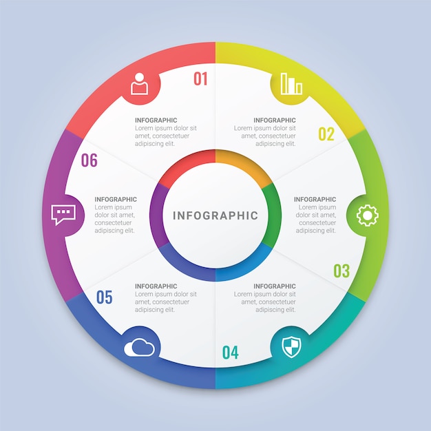 Infografía moderna plantilla de círculo con seis opciones para el diseño de flujo de trabajo, diagrama, informe anual, diseño web