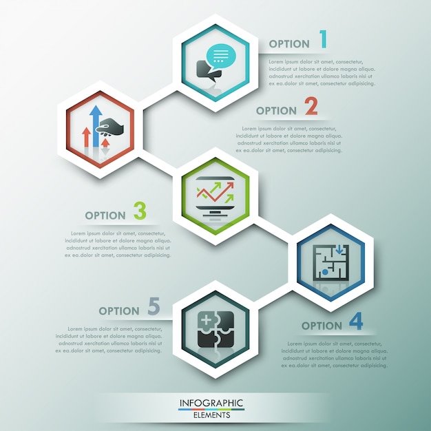 Infografía moderna plantilla de proceso con 5 polígonos de papel.