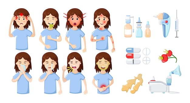 Infografía de mujer de personaje de dibujos animados con síntomas de alergia y medicamentos para el tratamiento