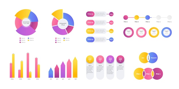 Infografía de negocios con diferentes diagramas de ilustración vectorial. elementos de nivel, tablas de marketing, gráficos, pirámide y diagrama de venn para la presentación de su trabajo.