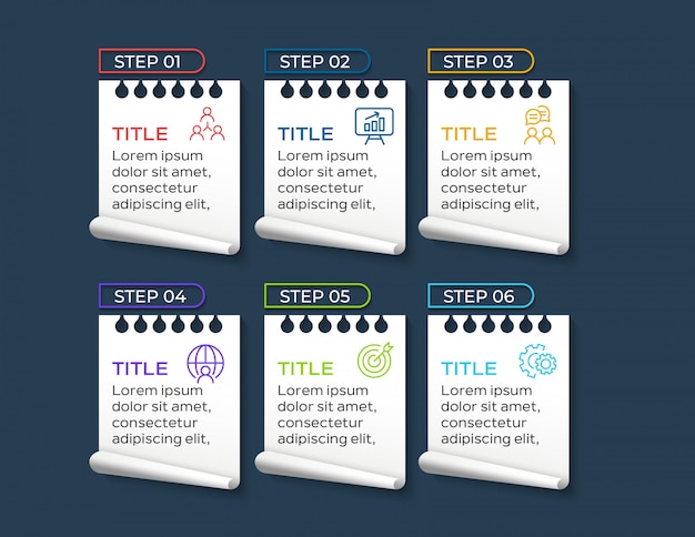 Infografía de negocios de estilo de papel con seis pasos