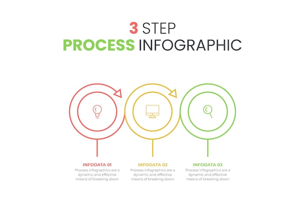 Infografía de negocios Línea de tiempo con anillos de círculos de 3 pasos Elemento de infografía lineal vectorial