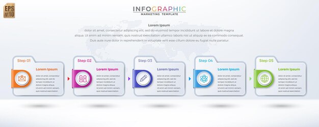 Infografía Negocios marketing vector diseño colorido plantilla carpeta 5 opciones o pasos en estilo mínimo Puede utilizarse para el proceso de marketing flujo de trabajo presentaciones diseño diagrama de flujo anuncio de impresión
