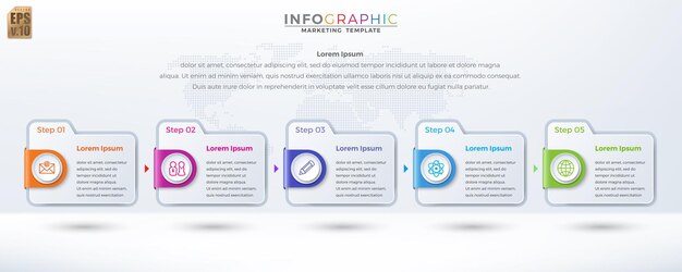 Infografía negocios marketing vector diseño colorido plantilla carpeta 5 opciones o pasos en estilo mínimo puede utilizarse para el proceso de marketing flujo de trabajo presentaciones diseño diagrama de flujo anuncio de impresión