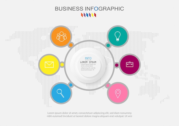 Infografía de negocios. Organigrama con 6 opciones.