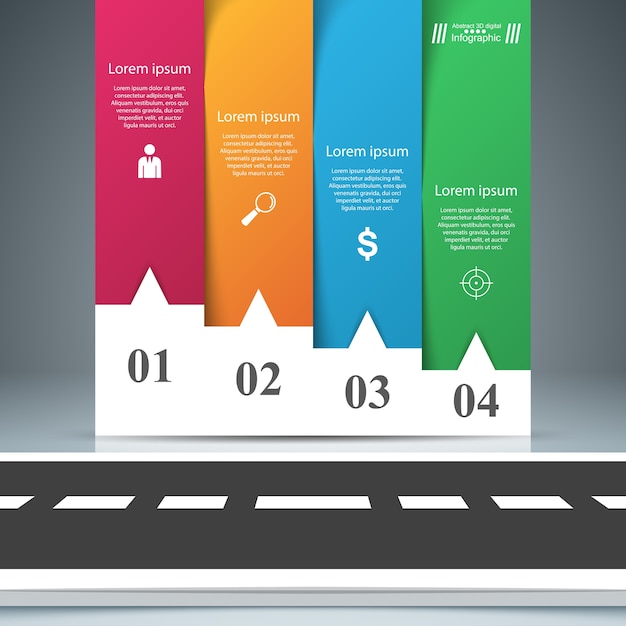 Vector infografía de negocios de papel de carretera. cuatro artículos de papel.