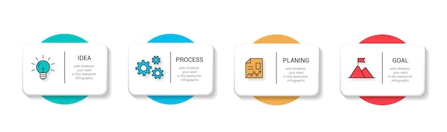 Infografía de negocios Viaje en línea de tiempo de 4 pasos con íconos Diagrama de proceso 4 opciones en fondo blanco