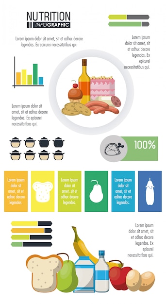 Vector infografía de nutrición y alimentos con estadísticas y elementos