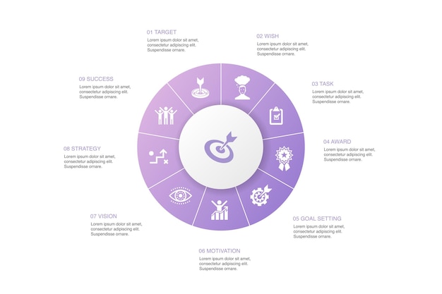 Infografía de objetivo diseño de círculo de 10 pasos.objetivo, deseo, tarea, establecimiento de objetivos iconos simples