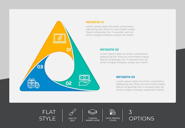 Vector infografía de opción de negocio de presentación con estilo plano y concepto colorido se pueden usar 3 pasos de infografía para fines comerciales