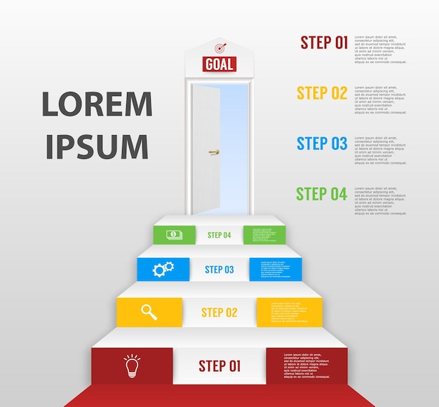 Infografía con opciones de cuatro pasos escalera a la meta y éxito con puerta