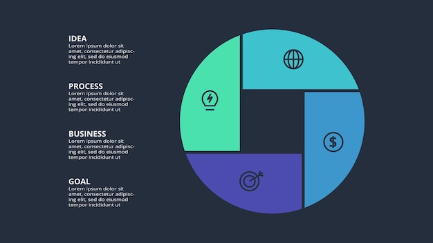 Infografía oscura abstracta con plantilla de 6 elementos para web en una presentación de negocios de fondo negro