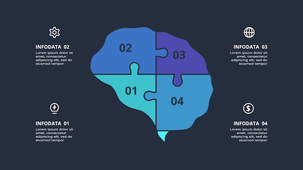 Infografía oscura creativa con plantilla de 4 elementos para web en una presentación de negocios de fondo negro