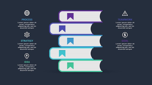 Infografía oscura creativa con plantilla de 5 elementos para web en una presentación de negocios de fondo negro