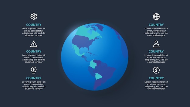 Infografía oscura creativa con plantilla de 6 elementos para web en una presentación de negocios de fondo negro