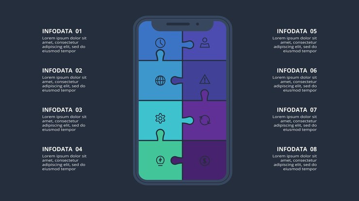 Vector infografía oscura creativa con plantilla de 8 elementos para web en una presentación de negocios de fondo negro
