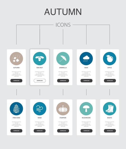 Infografía de otoño Diseño de interfaz de usuario de 10 pasos.Tuerca de roble, lluvia, viento, iconos simples de calabaza