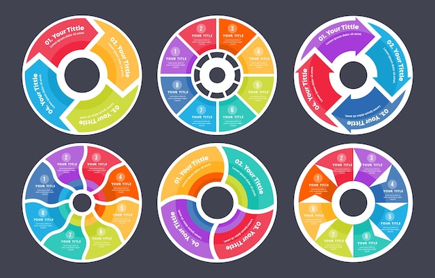 Infografía de pasos circulares con elementos degradados y diseños alternativos para empresas
