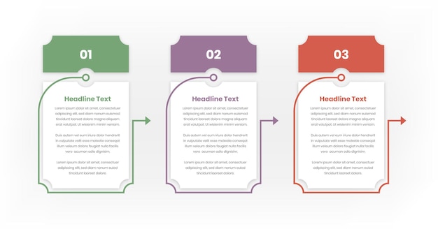 Infografía de pasos comerciales mínimos con forma de corte de esquina abstracta y línea de flecha para presentación de texto