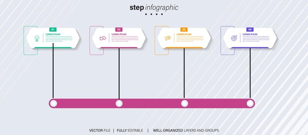 Infografía de pasos de línea 4 opciones diagrama de flujo de trabajo número infografía gráfico de pasos de proceso con línea i