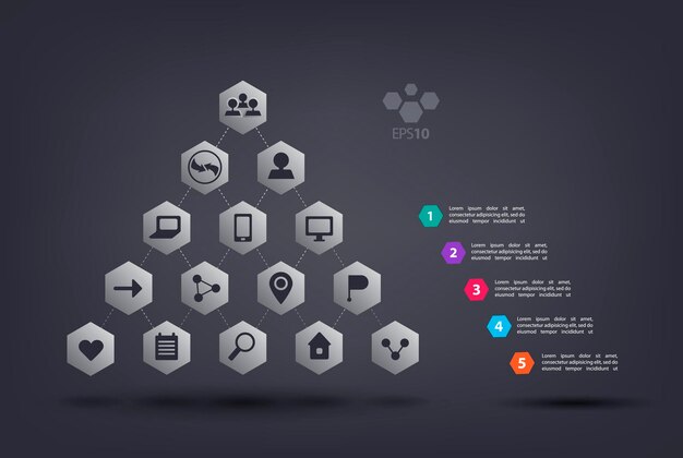 Infografía de pirámide vectorial con iconos web Elemento abstracto del diagrama gráfico 5 pasos opciones partes procesos