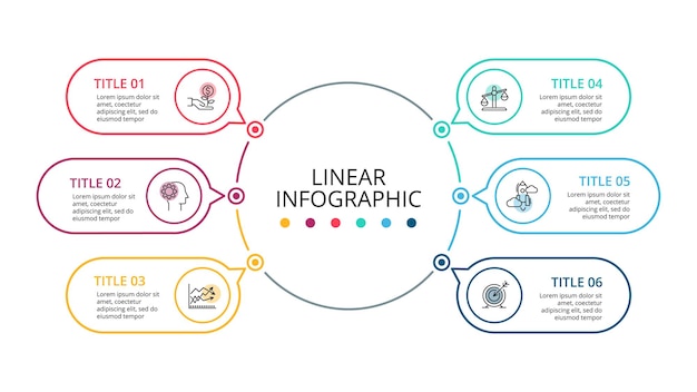 Infografía plana de línea delgada con 6 opciones de partes, pasos o procesos Visualización de datos