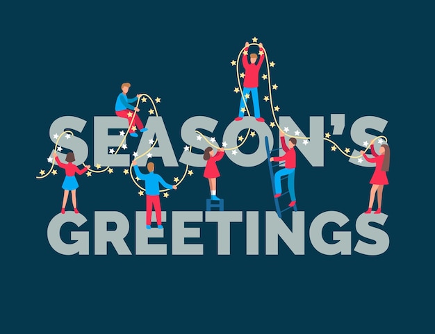 Infografía plana de personas que decoran inscripción seasons greetings con luces de hadas ilustración de navidad