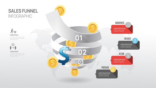 Infografía Plantilla de diagrama de embudo de ventas para empresas Moderna línea de tiempo 4 niveles de nivel de marketing digital presentación de datos infografías vectoriales