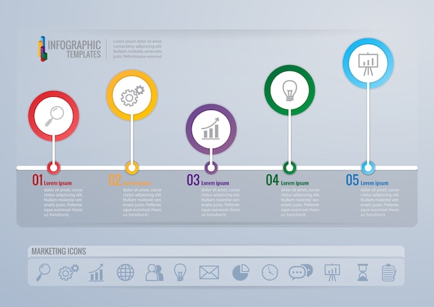 Vector infografía, plantilla, diseño, y, comercialización, iconos, vector