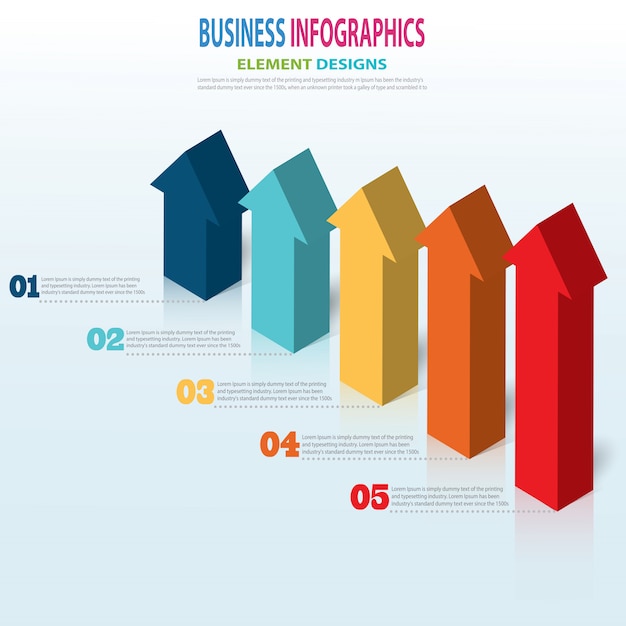 Infografía plantilla empresarial pasos de flecha 3d para presentación, pronóstico de venta