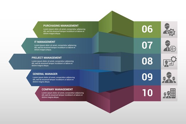 Infografía Plantilla de gestión de la empresa Iconos en diferentes colores Incluir Gestión de claves Gestión de operaciones Gestión de calidad Gestión de oficinas y otros