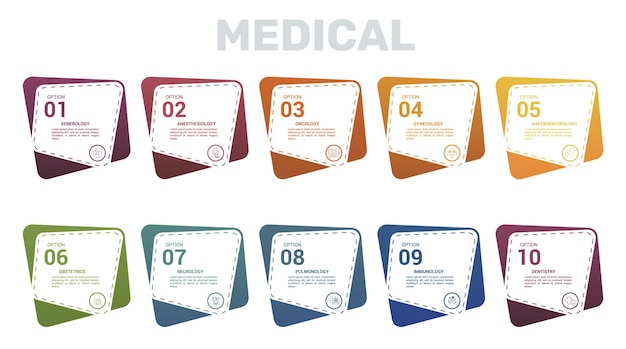 Infografía Plantilla médica Iconos en diferentes colores Incluye Venerología Anestesiología Oncología Ginecología y otros
