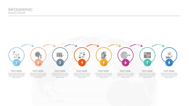 Infografía de proceso con 8 pasos, proceso u opciones.