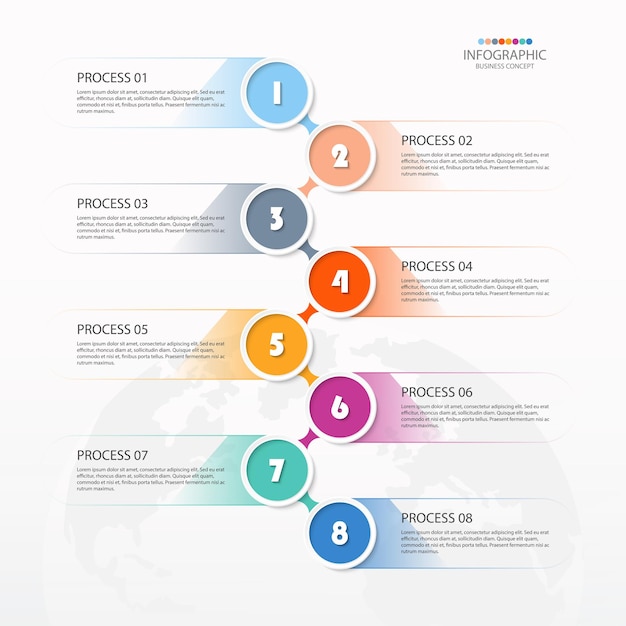 Infografía de proceso con 8 pasos, proceso u opciones.