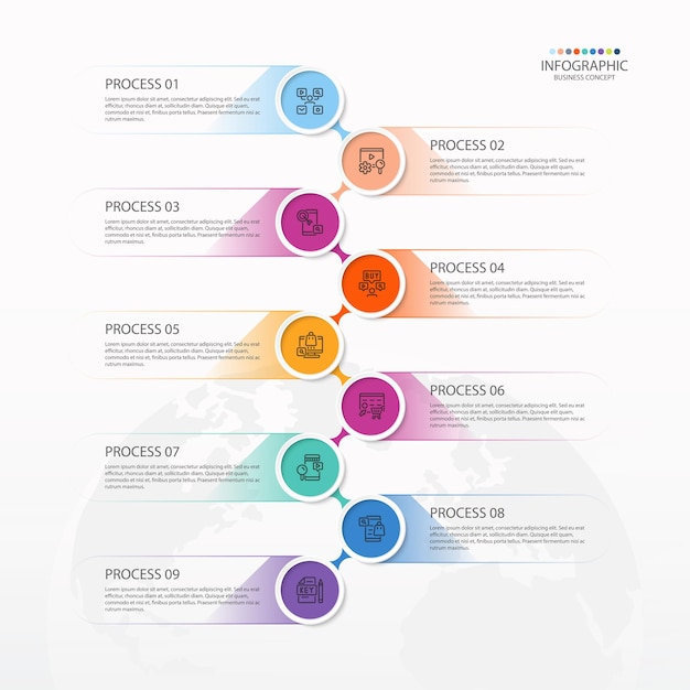 Infografía de proceso con 9 pasos, proceso u opciones.