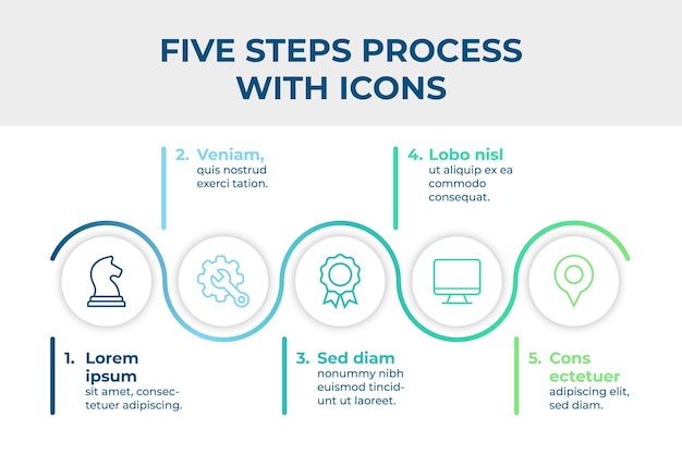 Vector infografía de proceso de cinco pasos con colores degradados